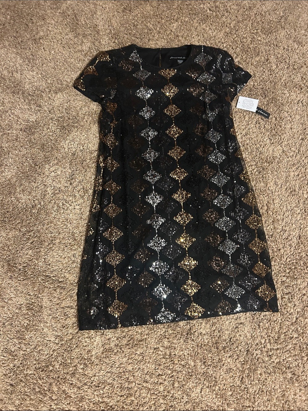Aqua Black Sequin Shift Dress with Gold & Silver Diamond Accents